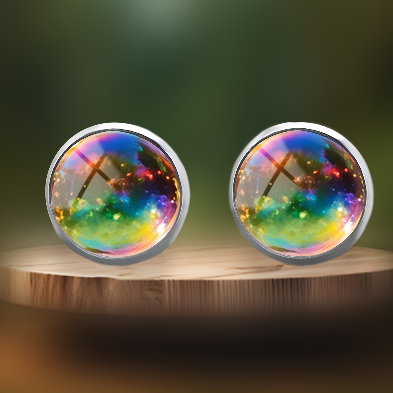 Rainbow Nebula Glass Pattern Round Stud Earrings